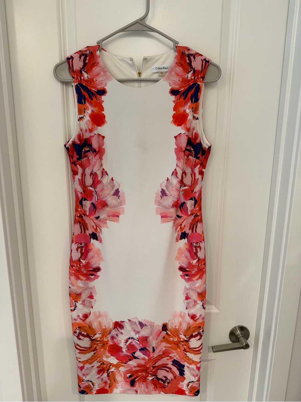 Calvin Klein White Midi Sheath Dress with Pink, Orange & Navy Floral Panels